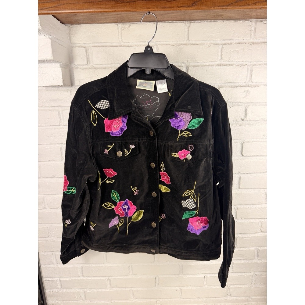 Vintage Susan Bristol M Black Velvet Floral Embroidered Beaded Jacket 90s